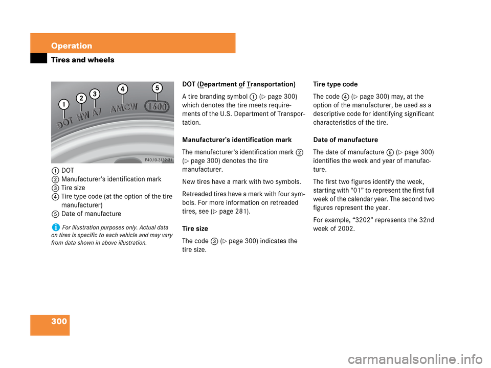MERCEDES-BENZ C230 2007 W203 Owners Manual 300 Operation
Tires and wheels
1DOT 
2Manufacturer’s identification mark
3Tire size
4Tire type code (at the option of the tire 
manufacturer)
5Date of manufactureDOT (D
epartment of Transportation)
