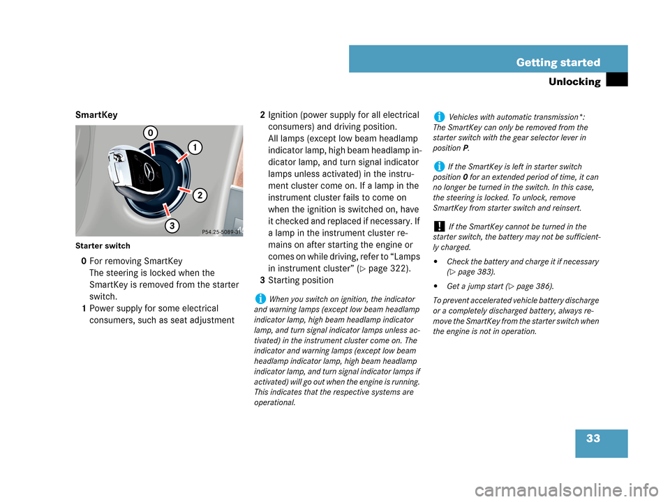 MERCEDES-BENZ C280 2007 W203 Owners Guide 33 Getting started
Unlocking
SmartKey
Starter switch
0For removing SmartKey
The steering is locked when the 
SmartKey is removed from the starter 
switch.
1Power supply for some electrical 
consumers,