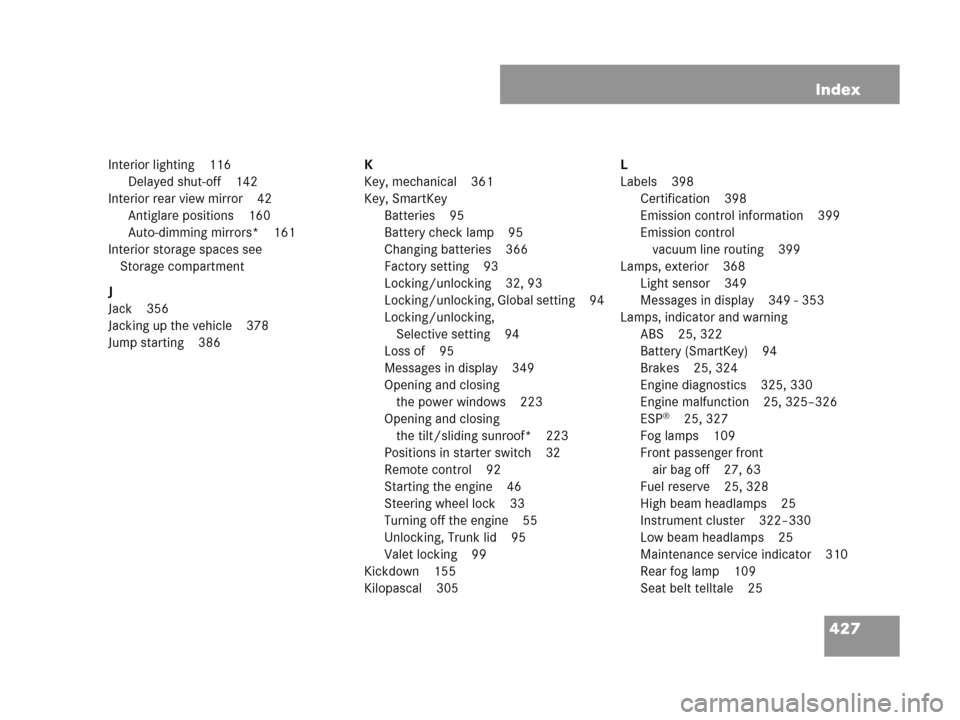 MERCEDES-BENZ C230 2007 W203 Owners Manual 427 Index
Interior lighting 116
Delayed shut-off 142
Interior rear view mirror 42
Antiglare positions 160
Auto-dimming mirrors* 161
Interior storage spaces see 
Storage compartment
J
Jack 356
Jacking 