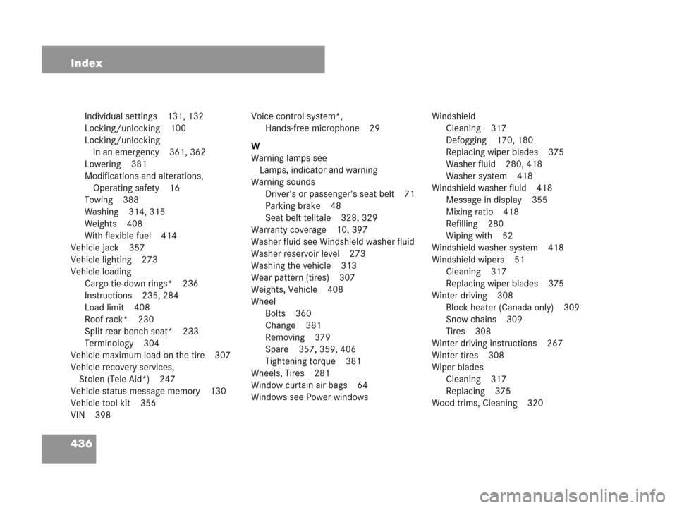 MERCEDES-BENZ C280 2007 W203 Owners Manual 436 Index
Individual settings 131, 132
Locking/unlocking 100
Locking/unlocking 
in an emergency 361, 362
Lowering 381
Modifications and alterations, 
Operating safety 16
Towing 388
Washing 314, 315
We