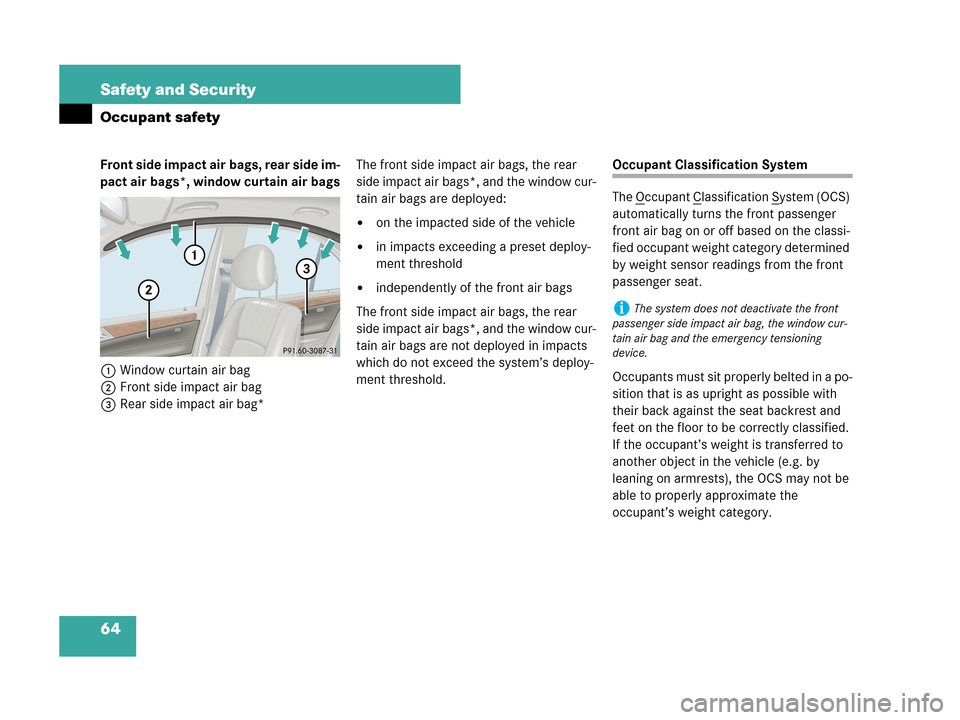 MERCEDES-BENZ C230 2007 W203 Owners Manual 64 Safety and Security
Occupant safety
Front side impact air bags, rear side im-
pact air bags*, window curtain air bags
1Window curtain air bag
2Front side impact air bag
3Rear side impact air bag*Th
