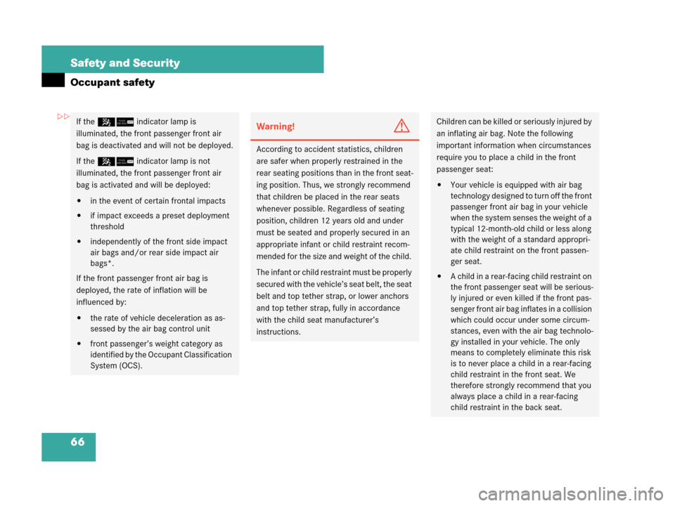 MERCEDES-BENZ C230 2007 W203 Owners Manual 66 Safety and Security
Occupant safety
If the 56indicator lamp is 
illuminated, the front passenger front air 
bag is deactivated and will not be deployed.
If the 56indicator lamp is not 
illuminated,