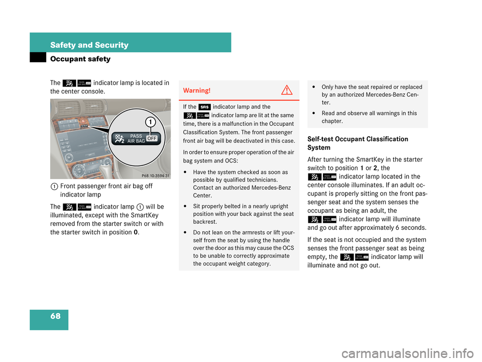 MERCEDES-BENZ C280 2007 W203 Owners Manual 68 Safety and Security
Occupant safety
The 56indicator lamp is located in 
the center console.
1Front passenger front air bag off 
indicator lamp
The 56indicator lamp1 will be 
illuminated, except wit