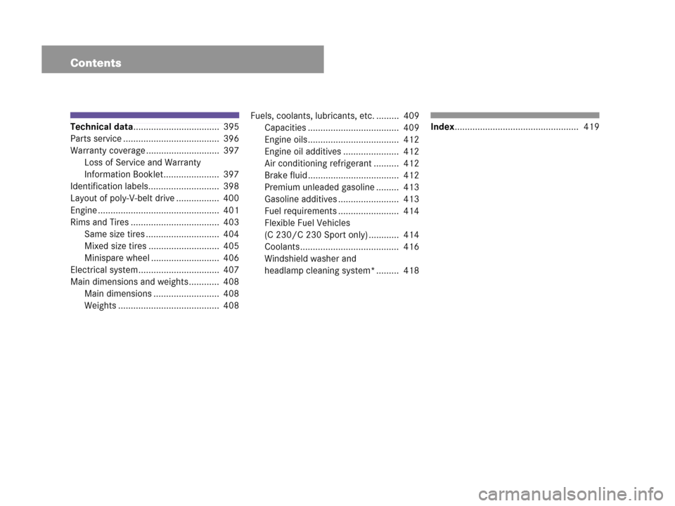 MERCEDES-BENZ C230 2007 W203 Owners Manual Contents
Technical data..................................  395
Parts service ......................................  396
Warranty coverage .............................  397
Loss of Service and Warran