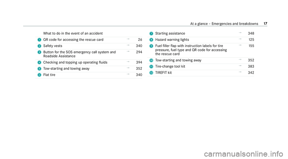 MERCEDES-BENZ E-CLASS WAGON 2018  Owners Manual Whattodo in theeve nt of an accident
1 QR code for accessing there scue card →
26
2 Safetyve sts →
340
3 Button forth e SOS emer gency call sy stem and
Ro adside Assis tance →
294
4 Checking and