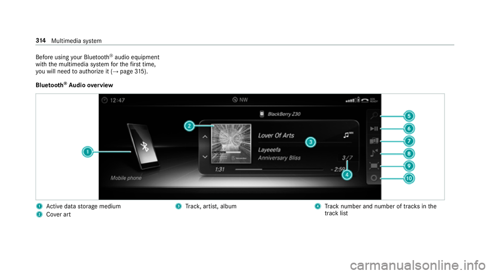 MERCEDES-BENZ E-CLASS WAGON 2018  Owners Manual Before usingyour Blue tooth®audio equipment
with the multimedia sy stem forth efirs t time,
yo uwill need toauthorize it (
→page 315).
Blue tooth
®Au dio overview
1Ac tive da tastorage medium
2Co 