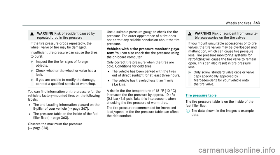 MERCEDES-BENZ E-CLASS WAGON 2018 Owners Manual &WARNING Risk of accident caused by
re peated drop in tire pressure
If th e tire pressure drops repeatedl y,the
wheel, valve or tire may be damaged.
Insuf ficient tire pressure can cause the tires
to MERCEDES-BENZ E-CLASS WAGON 2018 Owners Manual &WARNING Risk of accident caused by
re peated drop in tire pressure
If th e tire pressure drops repeatedl y,the
wheel, valve or tire may be damaged.
Insuf ficient tire pressure can cause the tires
to
