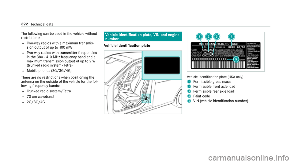 MERCEDES-BENZ E-CLASS WAGON 2018  Owners Manual Thefollowing can be used in theve hicle without
re strictions:
RTw o-w ayradios with a maximum transmis‐
sion output of up to100 mW
RTw o-w ayradios with transmit ter frequencies
in the 380 - 410 MH