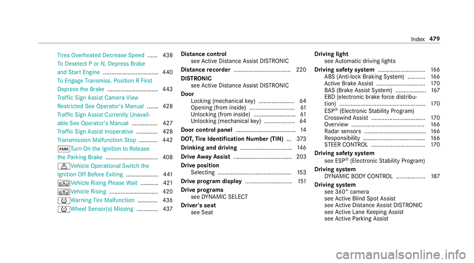 MERCEDES-BENZ E-CLASS WAGON 2018 Owners Manual Tire s Overheated Decrease Speed ...... 438
To Deselect P or N,Dep ress Brake
and Start Engine .................................. 440
To Engage Transmiss. Position R Fir st
Dep ress the Brake ........ MERCEDES-BENZ E-CLASS WAGON 2018 Owners Manual Tire s Overheated Decrease Speed ...... 438
To Deselect P or N,Dep ress Brake
and Start Engine .................................. 440
To Engage Transmiss. Position R Fir st
Dep ress the Brake ........