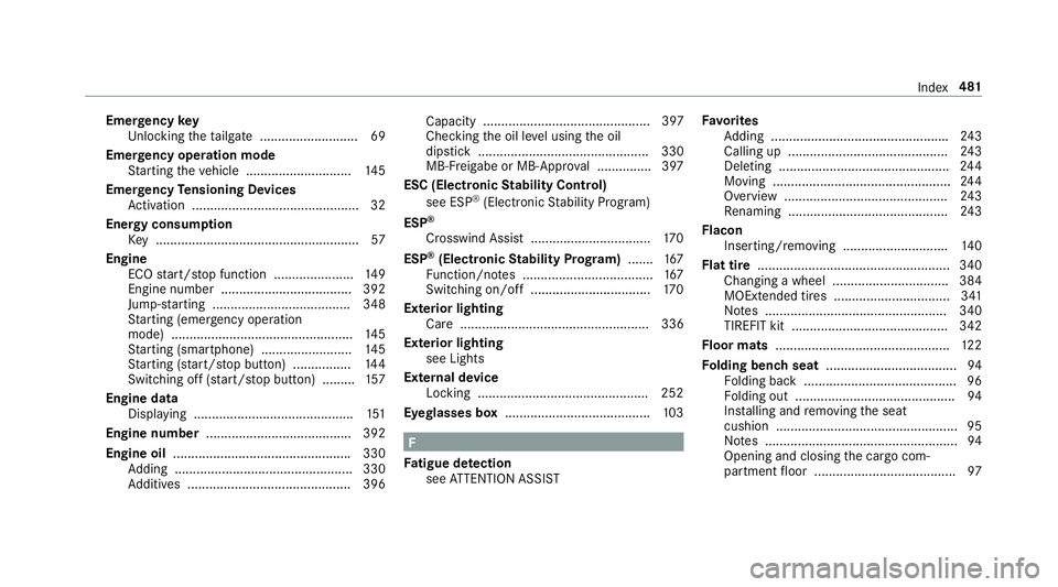 MERCEDES-BENZ E-CLASS WAGON 2018 Owners Manual Emergency key
Un locking theta ilgate .......................... .69
Emer gency operation mode
St arting theve hicle ............................. 145
Emer gency Tensioning Devices
Ac tivation ....... MERCEDES-BENZ E-CLASS WAGON 2018 Owners Manual Emergency key
Un locking theta ilgate .......................... .69
Emer gency operation mode
St arting theve hicle ............................. 145
Emer gency Tensioning Devices
Ac tivation .......