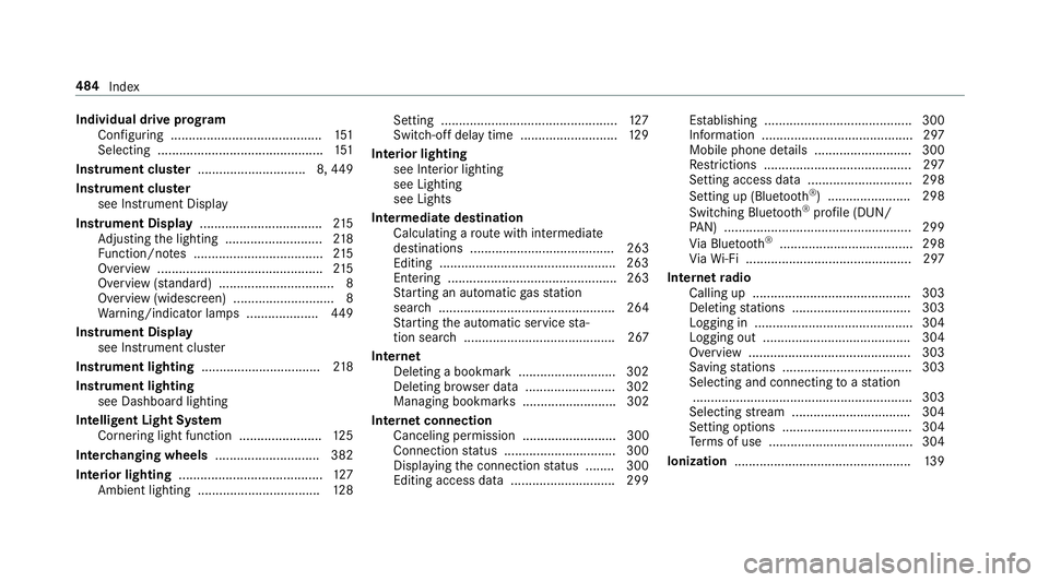 MERCEDES-BENZ E-CLASS WAGON 2018 Owners Manual Individual drive program
Confi guring .......................................... 151
Selecting .............................................. 151
Instrument clus ter .............................. 8, MERCEDES-BENZ E-CLASS WAGON 2018 Owners Manual Individual drive program
Confi guring .......................................... 151
Selecting .............................................. 151
Instrument clus ter .............................. 8,