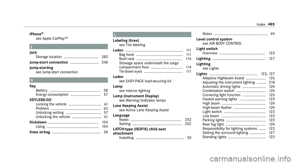 MERCEDES-BENZ E-CLASS WAGON 2018 Owners Manual iPhone®
see Apple CarPlay™
J
Jack Storage location ..................................3 83
Jump-start connection ............................ 348
Jump-starting see Ju mp-sta rt connection
K
Ke y
Bat MERCEDES-BENZ E-CLASS WAGON 2018 Owners Manual iPhone®
see Apple CarPlay™
J
Jack Storage location ..................................3 83
Jump-start connection ............................ 348
Jump-starting see Ju mp-sta rt connection
K
Ke y
Bat