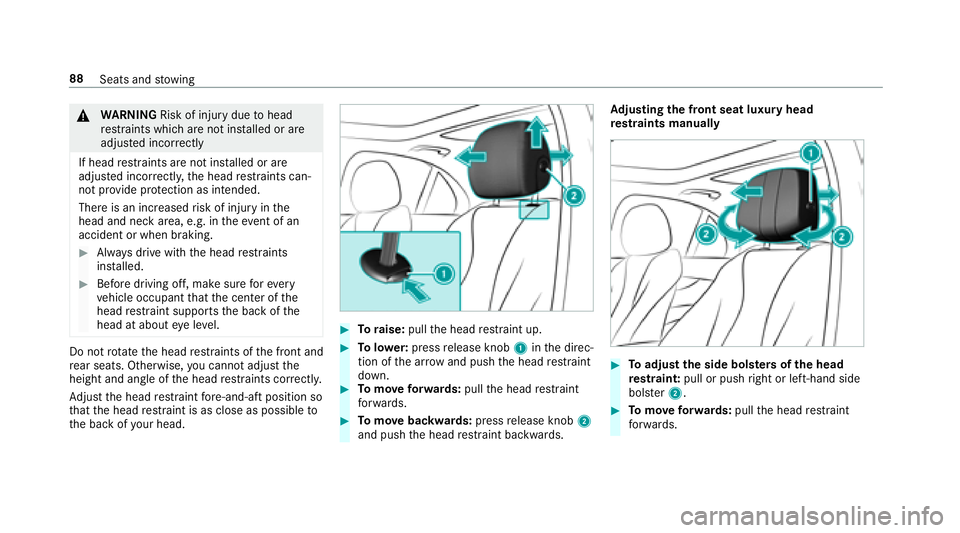 MERCEDES-BENZ E-CLASS WAGON 2018 Manual Online &WARNING Risk of injury duetohead
re stra ints which are not ins talled or are
adjus ted incor rectly
If head restra ints are not ins talled or are
adjus ted incor rectly, the head restra ints can‐
MERCEDES-BENZ E-CLASS WAGON 2018 Manual Online &WARNING Risk of injury duetohead
re stra ints which are not ins talled or are
adjus ted incor rectly
If head restra ints are not ins talled or are
adjus ted incor rectly, the head restra ints can‐