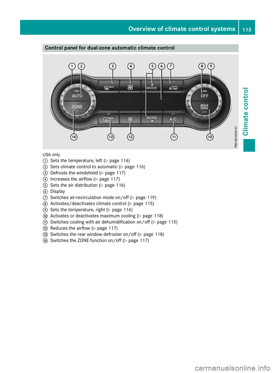 MERCEDES-BENZ CLA COUPE 2018  Owners Manual Control panel for dual-zone automatic climatecontrol
USAo nly
:
Set sthe temperature, left (Ypage 116)
;Set sclimate control to automatic (Ypage 116)
=Defrostst hewindshield (Ypage 117)
?Increases th 