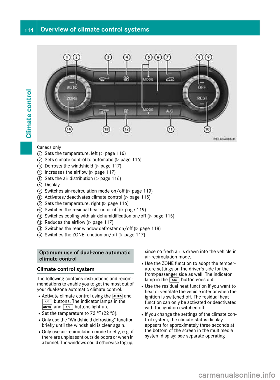 MERCEDES-BENZ CLA COUPE 2018  Owners Manual Canada only
:
Setsthe temperature, left (Ypage 116)
;Set sclimate control to automatic (Ypage 116)
=Defrostst hewindshield (Ypage 117)
?Increases th eairflow (Ypage 117)
ASet sthe air distribution (Yp