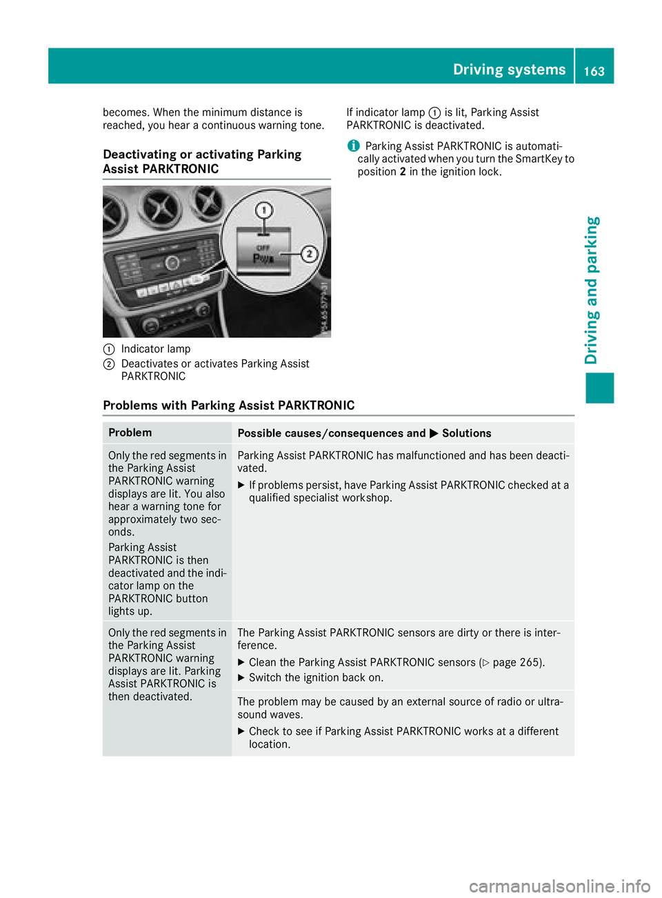 MERCEDES-BENZ CLA COUPE 2018 Owners Manual becomes.When the minimum distance is
reached, you hear acontinuous warning tone.
Deactivating or activating Parking
Assist PARKTRONIC
:Indicator lamp
;Deactivates or activates Parkin gAssist
PARKTRONI MERCEDES-BENZ CLA COUPE 2018 Owners Manual becomes.When the minimum distance is
reached, you hear acontinuous warning tone.
Deactivating or activating Parking
Assist PARKTRONIC
:Indicator lamp
;Deactivates or activates Parkin gAssist
PARKTRONI