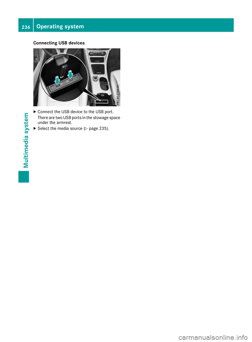 MERCEDES-BENZ CLA COUPE 2018  Owners Manual Connecting USB devices
XConnectthe USBd evice to th eUSBport.
Therea re two USBp ortsint hestowage space
unde rthe armrest.
XSelect th emediasource (Ypage 235).
236Operating system
Multimedia system 