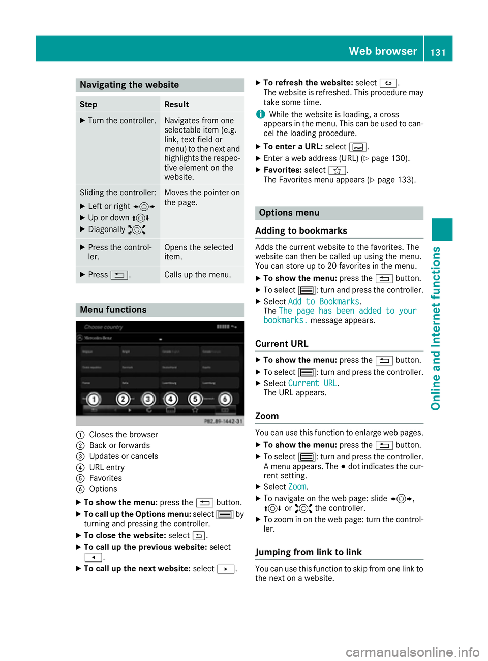 MERCEDES-BENZ CLA COUPE 2018 COMAND Manual Navigating the website
StepResult
XTurn the controller.Navigates from one
selectable item (e.g.
link, text field or
menu) to the next and
highlights the respec-
tive element on the
website.
Sliding th MERCEDES-BENZ CLA COUPE 2018 COMAND Manual Navigating the website
StepResult
XTurn the controller.Navigates from one
selectable item (e.g.
link, text field or
menu) to the next and
highlights the respec-
tive element on the
website.
Sliding th