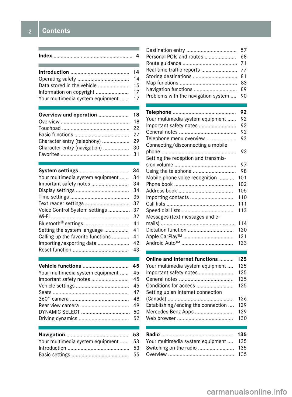MERCEDES-BENZ CLA COUPE 2018 COMAND Manual Index....................................................... 4
Introduction......................................... 14
Operating safety .................................... 14
Data stored in the vehi MERCEDES-BENZ CLA COUPE 2018 COMAND Manual Index....................................................... 4
Introduction......................................... 14
Operating safety .................................... 14
Data stored in the vehi