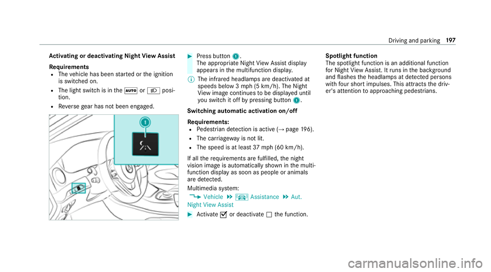 MERCEDES-BENZ S-CLASS COUPE 2018 Owners Manual Activating or deactivating Night View Assist
Re quirements
RThe vehicle has been star ted or the ignition
is switched on.
RThe light switch is in theà orL posi‐
tion.
RRe versege ar has not been en MERCEDES-BENZ S-CLASS COUPE 2018 Owners Manual Activating or deactivating Night View Assist
Re quirements
RThe vehicle has been star ted or the ignition
is switched on.
RThe light switch is in theà orL posi‐
tion.
RRe versege ar has not been en