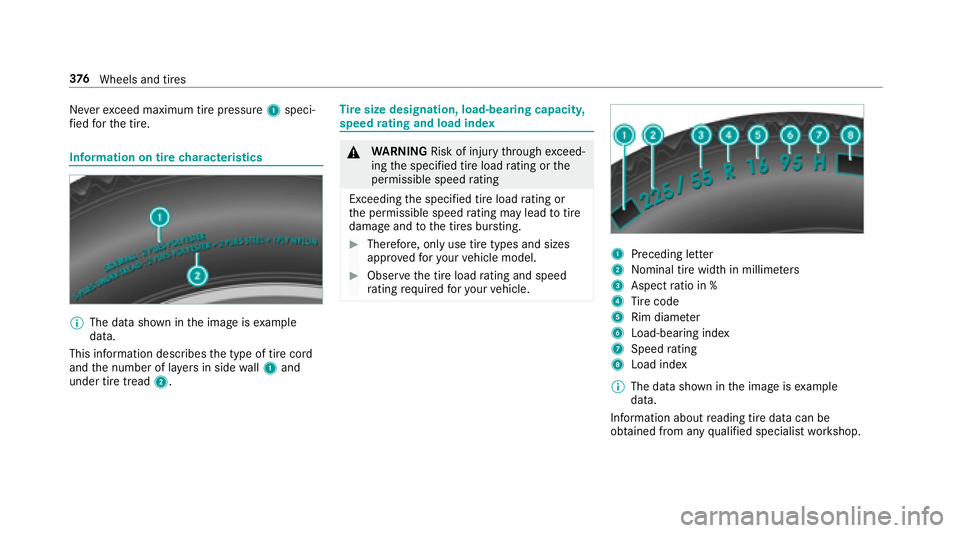 MERCEDES-BENZ S-CLASS COUPE 2018 Owners Manual Neverexc eed maximum tire pressure 1speci‐
fi ed forth e tire.
Information on tire characteristics
%
The data shown in the image is example
data.
This information descri besthe type of tire cord
and MERCEDES-BENZ S-CLASS COUPE 2018 Owners Manual Neverexc eed maximum tire pressure 1speci‐
fi ed forth e tire.
Information on tire characteristics
%
The data shown in the image is example
data.
This information descri besthe type of tire cord
and