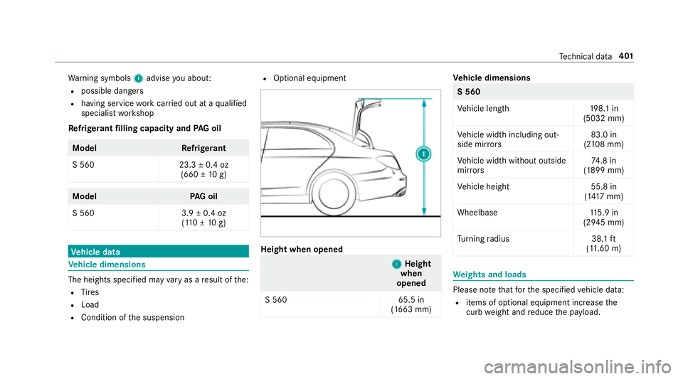 MERCEDES-BENZ S-CLASS COUPE 2018 Owners Manual Warning symbols 1advise you about:
Rpossible dangers
Rhaving service workcar ried out at a qualified
specialist workshop
Re frigerant filling capacity and PAG oil
Model Refrigerant
S 560 23.3 ± 0.4 o MERCEDES-BENZ S-CLASS COUPE 2018 Owners Manual Warning symbols 1advise you about:
Rpossible dangers
Rhaving service workcar ried out at a qualified
specialist workshop
Re frigerant filling capacity and PAG oil
Model Refrigerant
S 560 23.3 ± 0.4 o