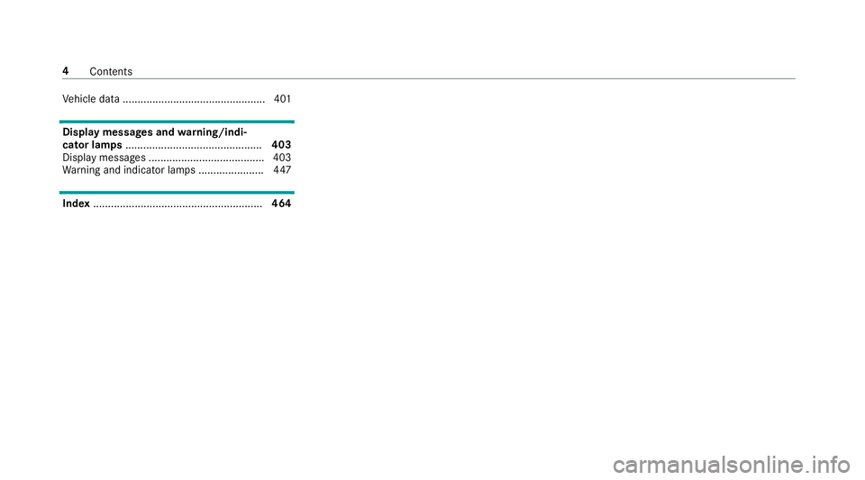 MERCEDES-BENZ S-CLASS COUPE 2018 Owners Manual Vehicle data ................................................ 401
Display messages and warning/indi‐
cator lamps .............................................. 403
Display messages ................. MERCEDES-BENZ S-CLASS COUPE 2018 Owners Manual Vehicle data ................................................ 401
Display messages and warning/indi‐
cator lamps .............................................. 403
Display messages .................