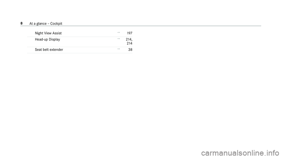 MERCEDES-BENZ S-CLASS COUPE 2018  Owners Manual NightView Assist →
197
Head-up Display →
214,
21 4
Seat belt extender →
38
8Ataglance – Cockpit 