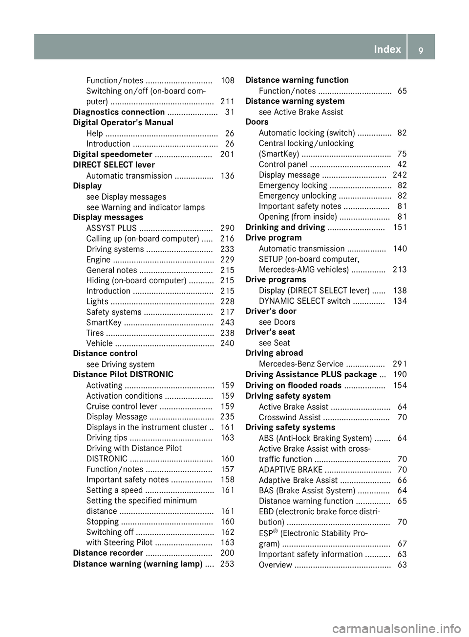 MERCEDES-BENZ C-CLASS COUPE 2018  Owners Manual Function/notes ............................. 108
Switching on/off (on-board com-
puter) ............................................. 211
Diagnostics connection ...................... 31
Digital Opera