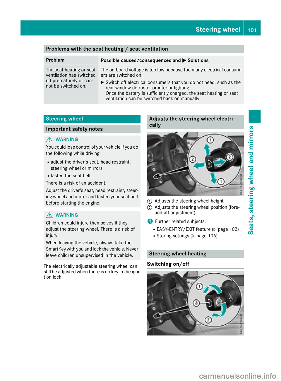 MERCEDES-BENZ C-CLASS COUPE 2018 Owners Manual Problems with the seat heating / seat ventilation
ProblemPossible causes/consequences andMSolutions
The seat heating or seat
ventilation has switched
off prematurely or can-
not be switched on.The on- MERCEDES-BENZ C-CLASS COUPE 2018 Owners Manual Problems with the seat heating / seat ventilation
ProblemPossible causes/consequences andMSolutions
The seat heating or seat
ventilation has switched
off prematurely or can-
not be switched on.The on-