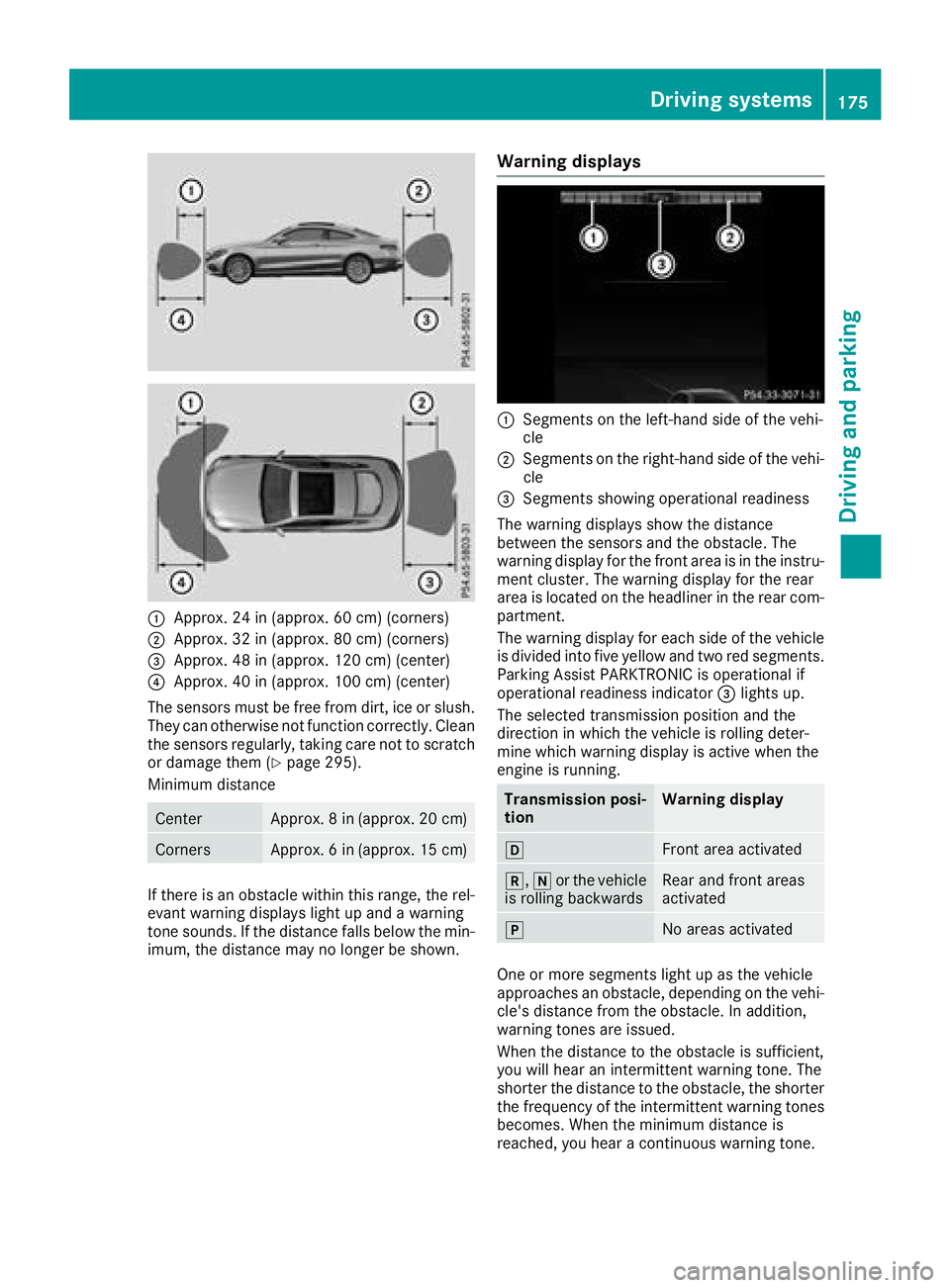 MERCEDES-BENZ C-CLASS COUPE 2018 Owners Guide :Approx. 24 in (approx. 60 cm) (corners)
;Approx. 32 in (approx. 80 cm) (corners)
=Approx. 48 in (approx. 120 cm) (center)
?Approx. 40 in (approx. 100 cm) (center)
The sensors must be free from dirt, 