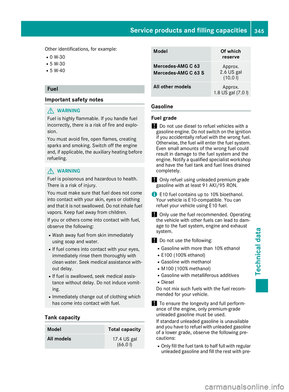 MERCEDES-BENZ C-CLASS COUPE 2018 Owners Manual Other identifications, for example:
R0 W-30
R5 W-30
R5 W-40
Fuel
Important safety notes
GWARNING
Fuel is highly flammable. If you handle fuel
incorrectly, there is a risk of fire and explo-
sion.
You MERCEDES-BENZ C-CLASS COUPE 2018 Owners Manual Other identifications, for example:
R0 W-30
R5 W-30
R5 W-40
Fuel
Important safety notes
GWARNING
Fuel is highly flammable. If you handle fuel
incorrectly, there is a risk of fire and explo-
sion.
You