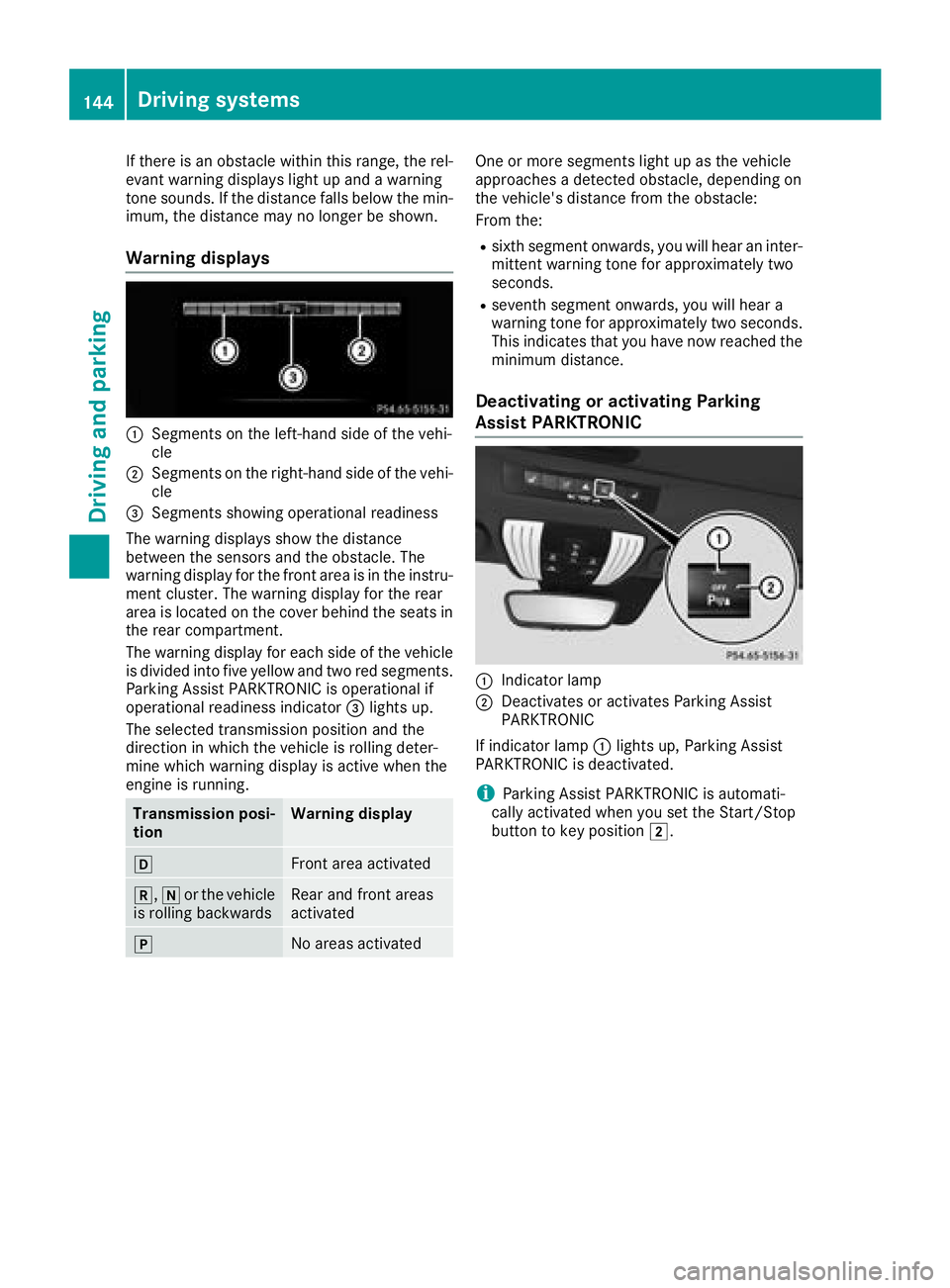 MERCEDES-BENZ AMG GT COUPE 2018  Owners Manual If there is an obstacle within this range, the rel-
evant warning displays light up and a warning
tone sounds. If the distance falls below the min-
imum, the distance may no longer be shown.
Warning d