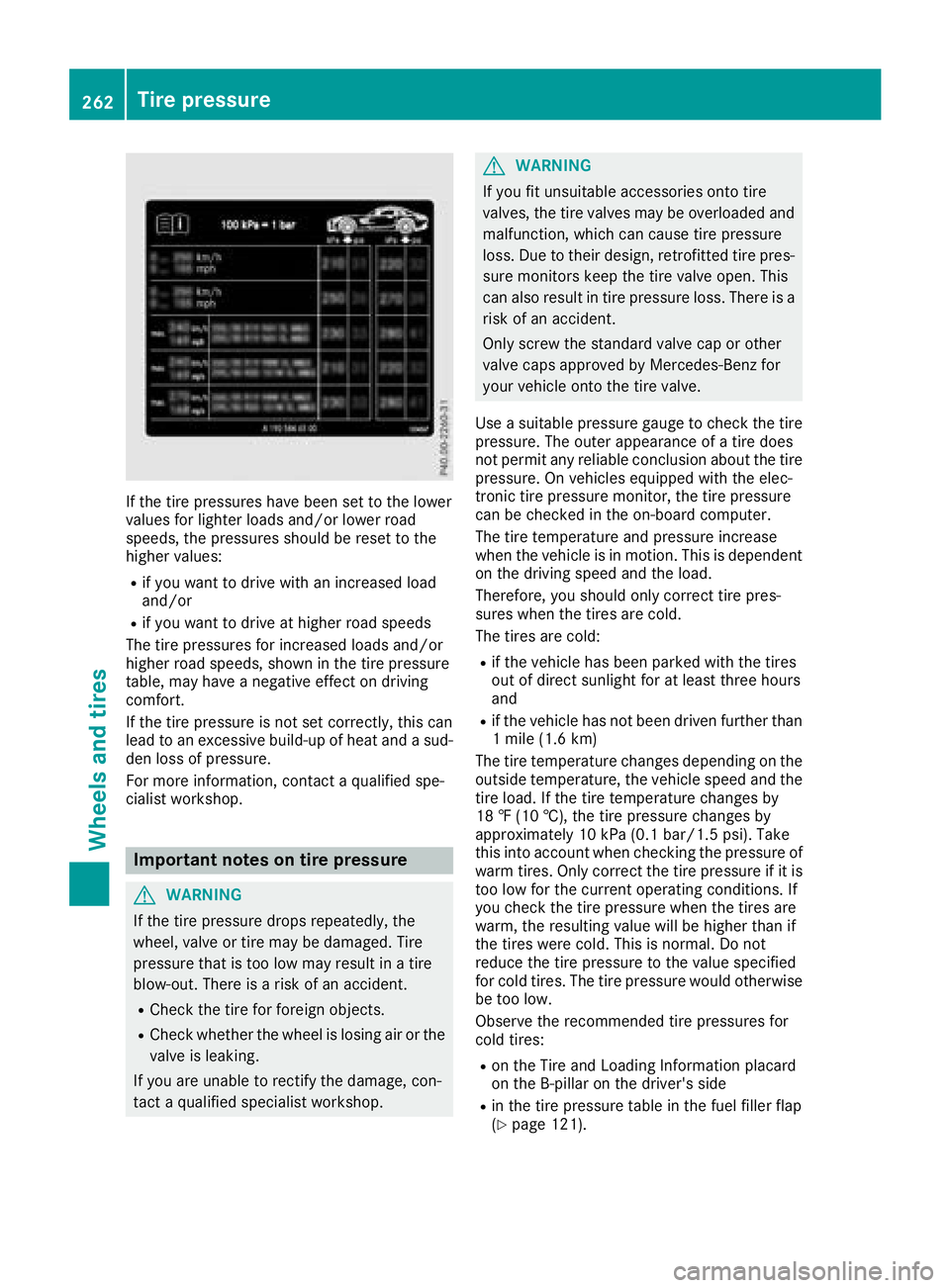 MERCEDES-BENZ AMG GT COUPE 2018  Owners Manual If the tire pressures have been set to the lower
values for lighter loads and/or lower road
speeds, the pressures should be reset to the
higher values:
Rif you want to drive with an increased load
and