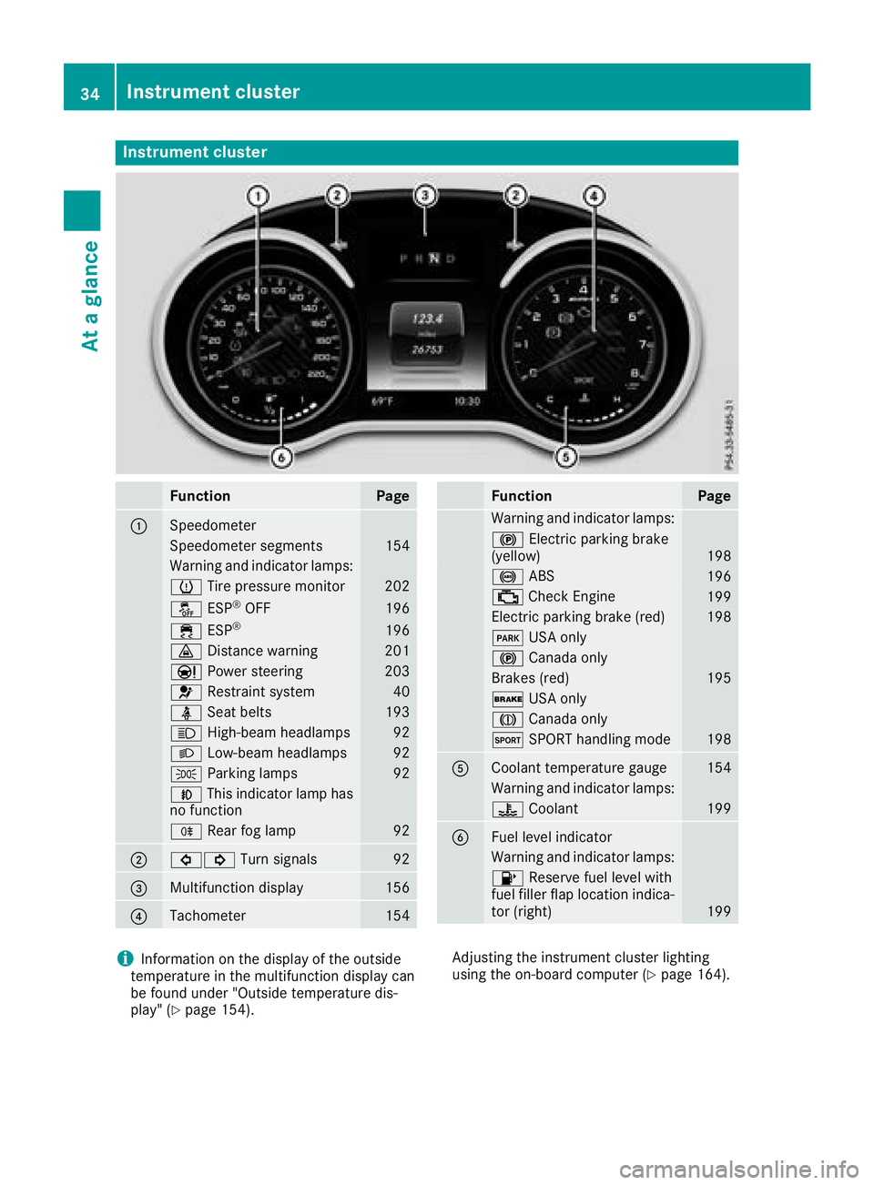MERCEDES-BENZ AMG GT COUPE 2018 Owners Manual Instrument cluster
FunctionPage
:Speedometer
Speedometer segments154
Warning and indicator lamps:
h Tirepressur emonitor20 2
å ESP®OF F196
÷ ESP®19 6
· Distanc ewarning20 1
Ð Powersteering20 3
6 MERCEDES-BENZ AMG GT COUPE 2018 Owners Manual Instrument cluster
FunctionPage
:Speedometer
Speedometer segments154
Warning and indicator lamps:
h Tirepressur emonitor20 2
å ESP®OF F196
÷ ESP®19 6
· Distanc ewarning20 1
Ð Powersteering20 3
6