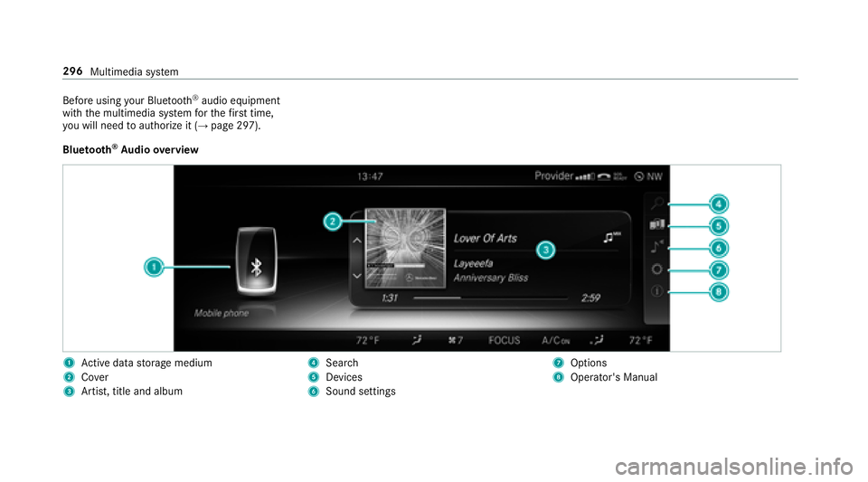 MERCEDES-BENZ E-CLASS COUPE 2018  Owners Manual Before usingyour Blue tooth®audio equipment
with the multimedia sy stem forth efirs t time,
yo uwill need toauthorize it (
→page 297).
Blu etoo th
®Au dio overview
1Ac tive da tastorage medium
2Co