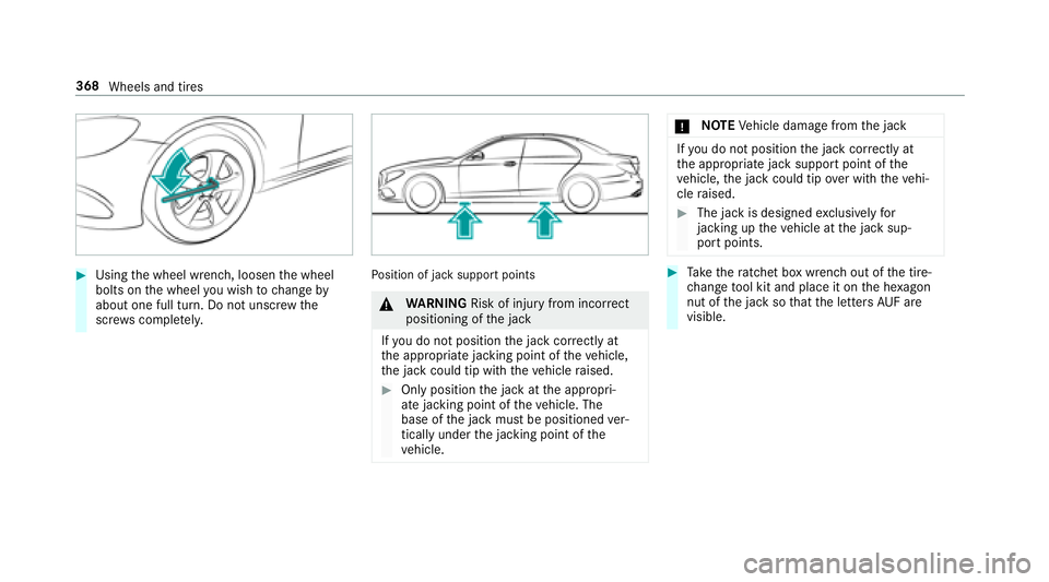 MERCEDES-BENZ E-CLASS COUPE 2018 Owners Manual #Usingthe wheel wrench, loosen the wheel
bolts on the wheel youwish tochange by
about one full turn. Do not unscr ewthe
scr ews comple tely.Po sition of jack support points
&
WARNING Risk of injury fr MERCEDES-BENZ E-CLASS COUPE 2018 Owners Manual #Usingthe wheel wrench, loosen the wheel
bolts on the wheel youwish tochange by
about one full turn. Do not unscr ewthe
scr ews comple tely.Po sition of jack support points
&
WARNING Risk of injury fr