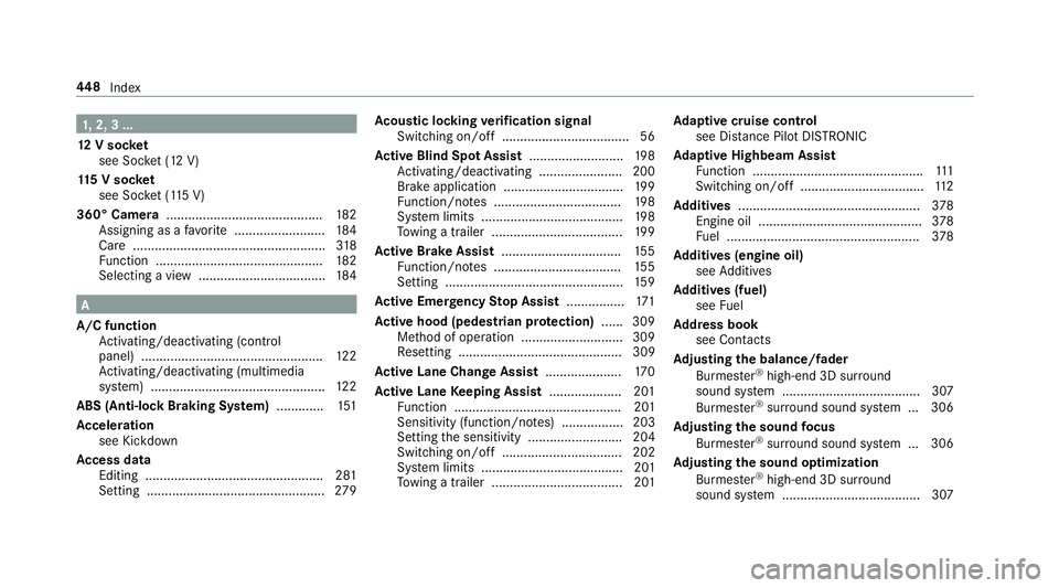 MERCEDES-BENZ E-CLASS COUPE 2018 Owners Manual 1,2, 3 ...
12 V sock et
see Soc ket (12 V)
11 5 V soc ket
see Soc ket (1 15 V)
360° Camera ........................................... 182
Assigning as a favo rite ......................... 184
Care MERCEDES-BENZ E-CLASS COUPE 2018 Owners Manual 1,2, 3 ...
12 V sock et
see Soc ket (12 V)
11 5 V soc ket
see Soc ket (1 15 V)
360° Camera ........................................... 182
Assigning as a favo rite ......................... 184
Care
