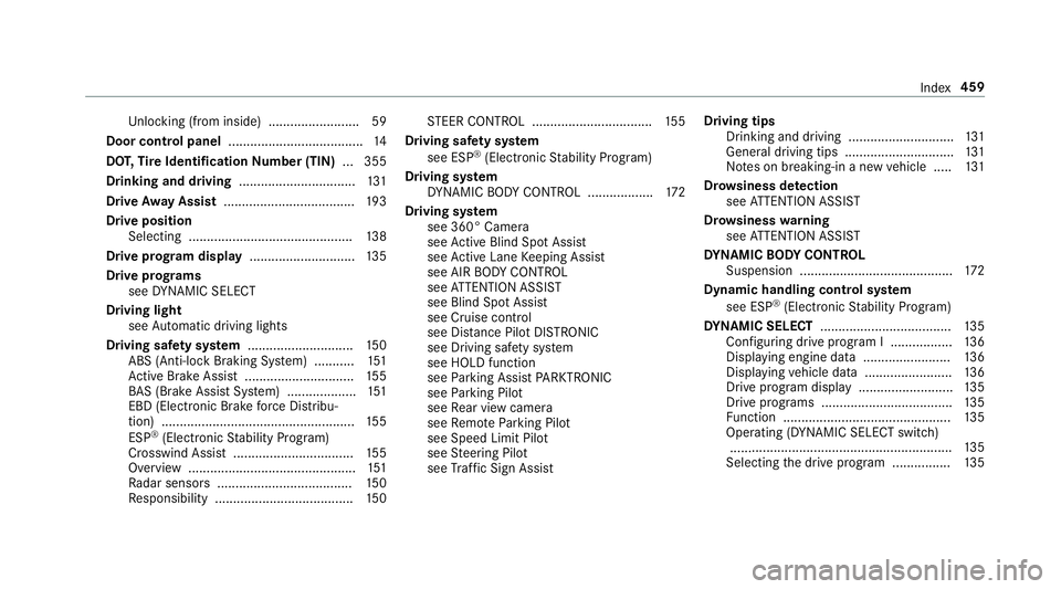 MERCEDES-BENZ E-CLASS COUPE 2018 Owners Manual Unlocking (from inside) ........................ .59
Door cont rol panel .................................... .14
DO T,Tire Identification Number (TIN) ... 355
Drinking and driving ................... MERCEDES-BENZ E-CLASS COUPE 2018 Owners Manual Unlocking (from inside) ........................ .59
Door cont rol panel .................................... .14
DO T,Tire Identification Number (TIN) ... 355
Drinking and driving ...................