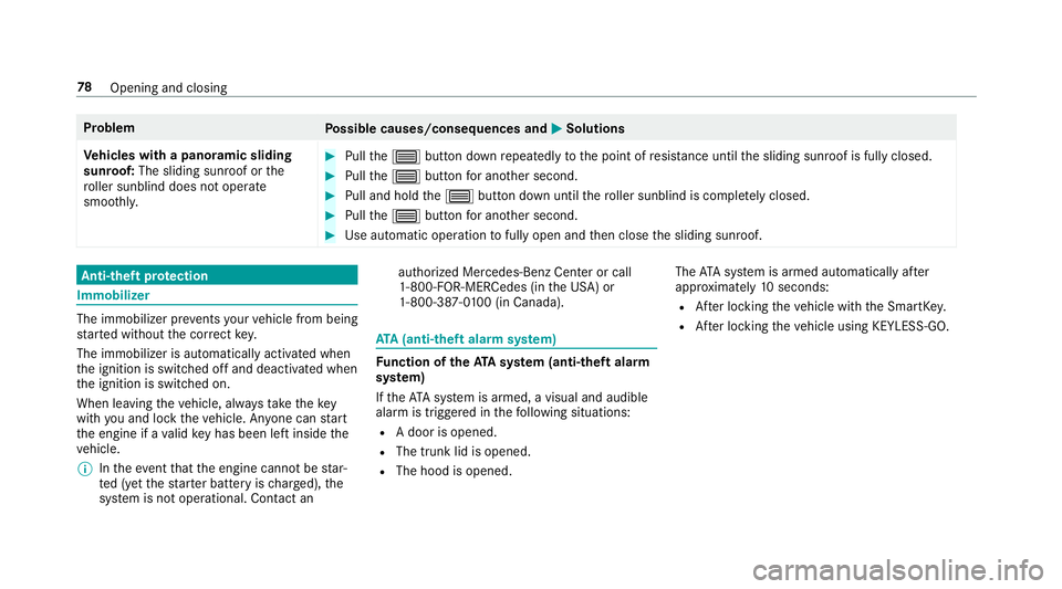 MERCEDES-BENZ E-CLASS COUPE 2018  Owners Manual ProblemPossible causes/consequences and MSolutions
Ve hicles with a panoramic sliding
sunroof: The sliding sunroof or the
ro ller sunblind does not opera te
smoo thly.
#Pull the3 button down repeatedl
