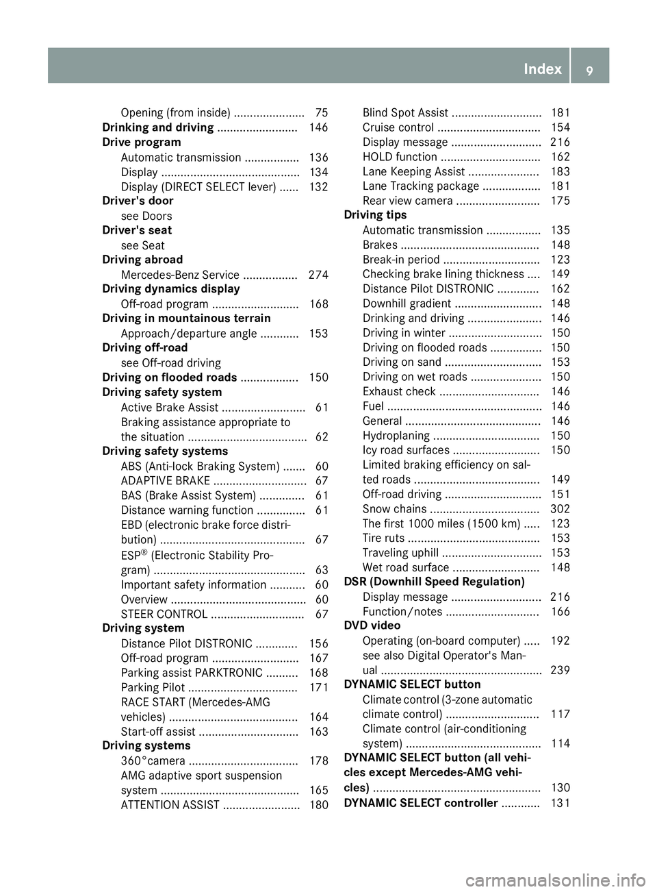 MERCEDES-BENZ GLA SUV 2018  Owners Manual Opening (from inside) ......................75
Drinking and drivin g........................ .146
Drive program
Automatic transmission ................. 136
Display ...................................