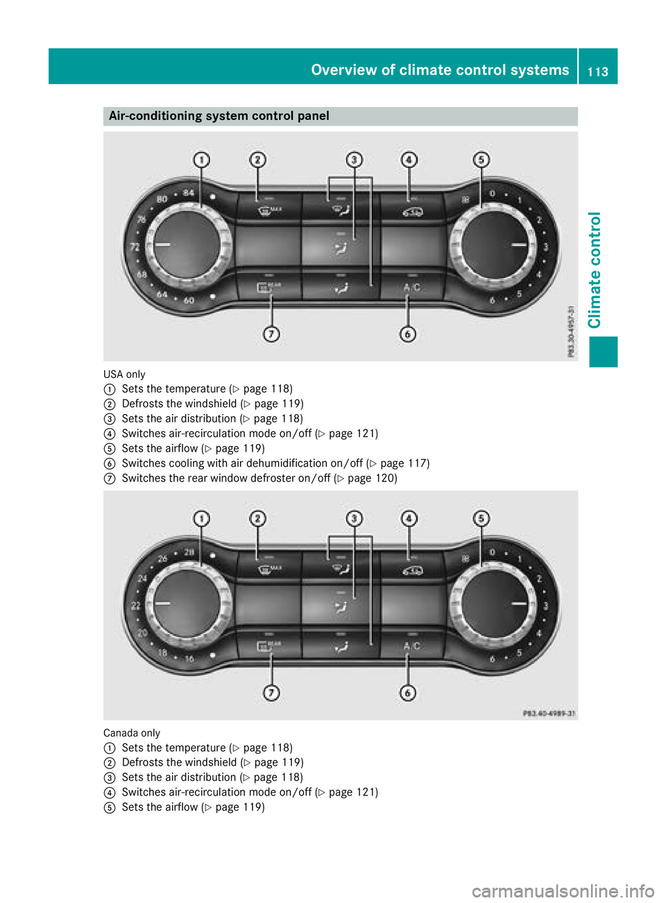 MERCEDES-BENZ GLA SUV 2018 Owners Manual Air-conditioning system controlpanel
USAonly
:
Sets th etemperature (Ypage 118)
;Defroststh ewindshield (Ypage 119)
=Sets theair distribution (Ypage 118)
?Switches air-recirculation mod eon/off (Ypage MERCEDES-BENZ GLA SUV 2018 Owners Manual Air-conditioning system controlpanel
USAonly
:
Sets th etemperature (Ypage 118)
;Defroststh ewindshield (Ypage 119)
=Sets theair distribution (Ypage 118)
?Switches air-recirculation mod eon/off (Ypage