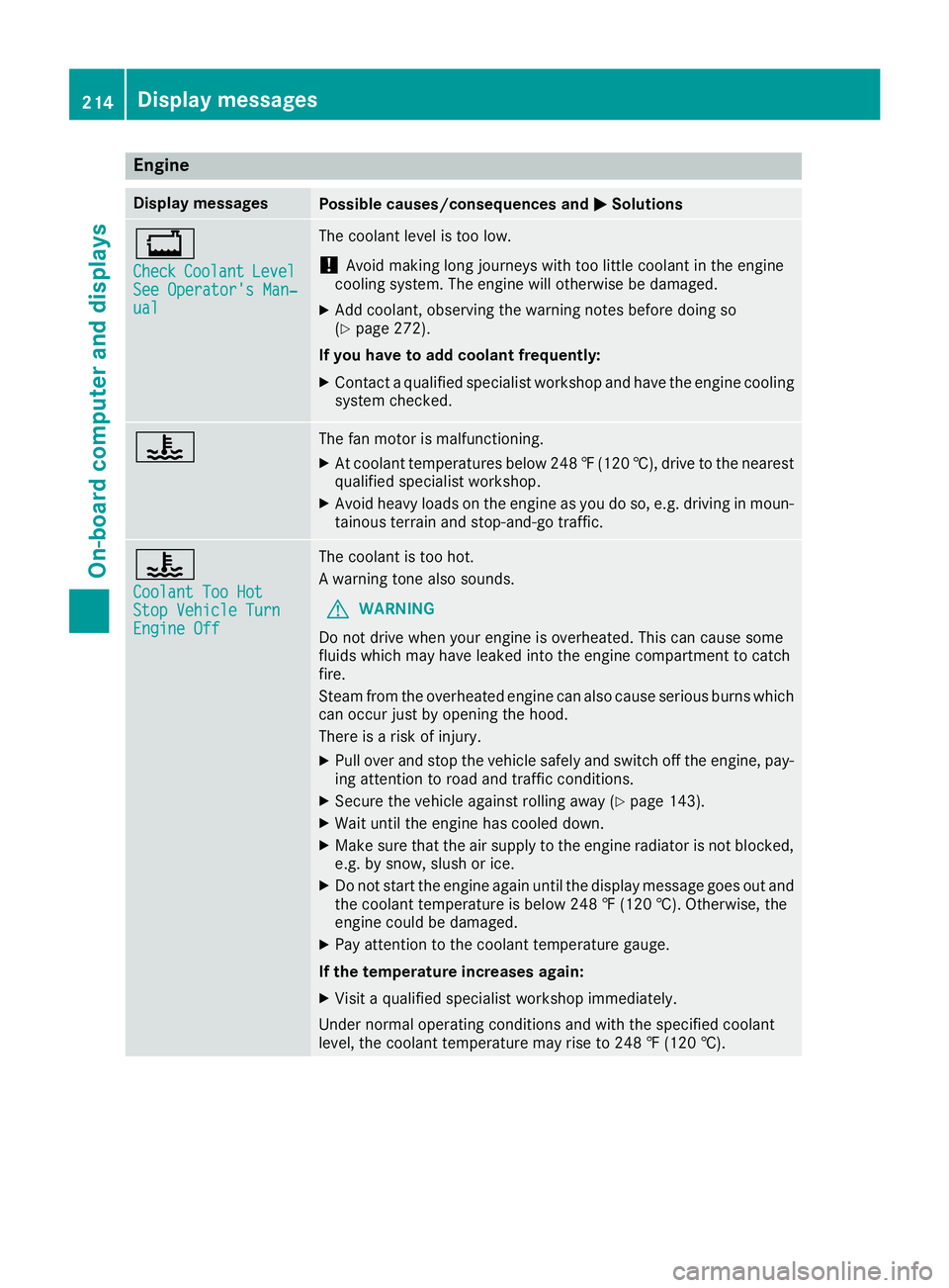MERCEDES-BENZ GLA SUV 2018  Owners Manual Engine
Display messagesPossible causes/consequences andMSolutions
+
CheckCoolantLevelSee Operator's Man‐ual
The coolant level is too low.
!Avoid making long journeys with too little coolant in t