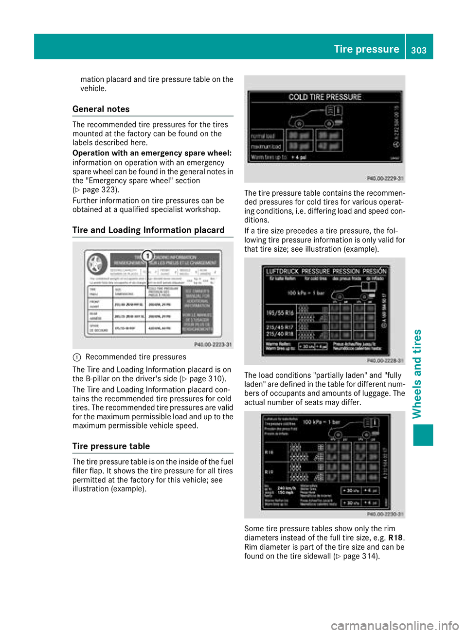 MERCEDES-BENZ GLA SUV 2018 Owners Manual mation placard and tire pressure table on the
vehicle.
General notes
The recommended tire pressures for the tires
mounted at the factory can be found on the
labels described here.
Operation with an em MERCEDES-BENZ GLA SUV 2018 Owners Manual mation placard and tire pressure table on the
vehicle.
General notes
The recommended tire pressures for the tires
mounted at the factory can be found on the
labels described here.
Operation with an em