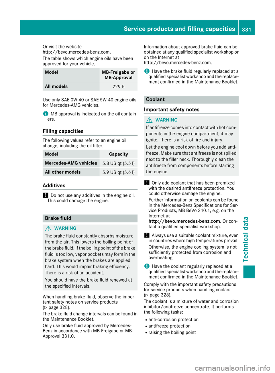MERCEDES-BENZ GLA SUV 2018 Owners Manual Or visit the website
http://bevo.mercedes-benz.com.
The table shows which engine oils have been
approved for your vehicle.
ModelMB-Freigabe orMB-Approval
All models229.5
Use only SAE 0W-40 or SAE 5W-4 MERCEDES-BENZ GLA SUV 2018 Owners Manual Or visit the website
http://bevo.mercedes-benz.com.
The table shows which engine oils have been
approved for your vehicle.
ModelMB-Freigabe orMB-Approval
All models229.5
Use only SAE 0W-40 or SAE 5W-4