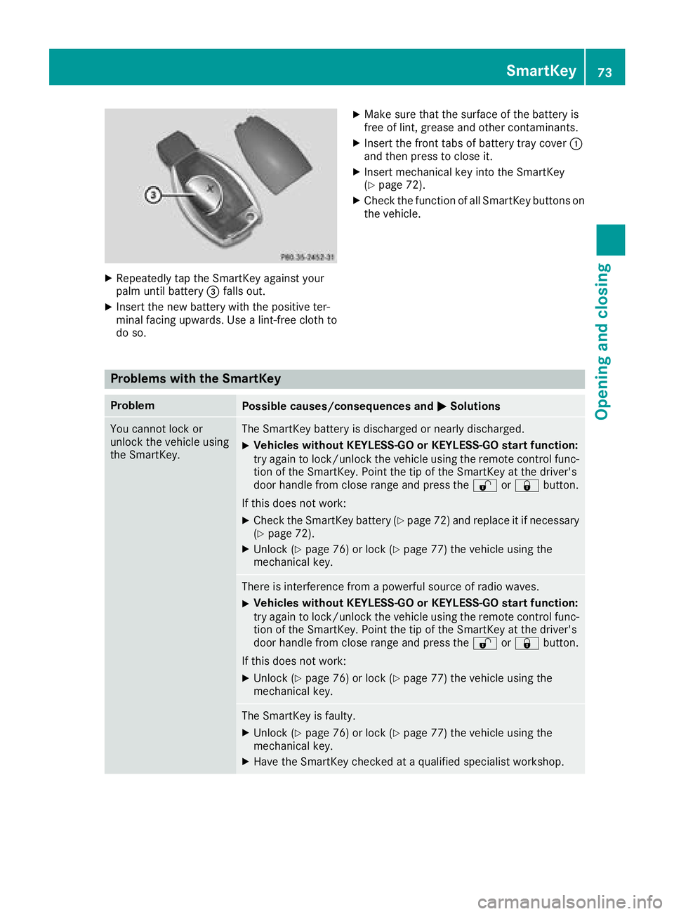 MERCEDES-BENZ GLA SUV 2018 Manual PDF XRepeatedly tap theSmartKey against your
palm until battery =falls out .
XInsertth ene wbattery wit hth epositive ter-
minal facing upwards. Use alint-free cloth to
do so.
XMak esur ethat th esurfac e MERCEDES-BENZ GLA SUV 2018 Manual PDF XRepeatedly tap theSmartKey against your
palm until battery =falls out .
XInsertth ene wbattery wit hth epositive ter-
minal facing upwards. Use alint-free cloth to
do so.
XMak esur ethat th esurfac e