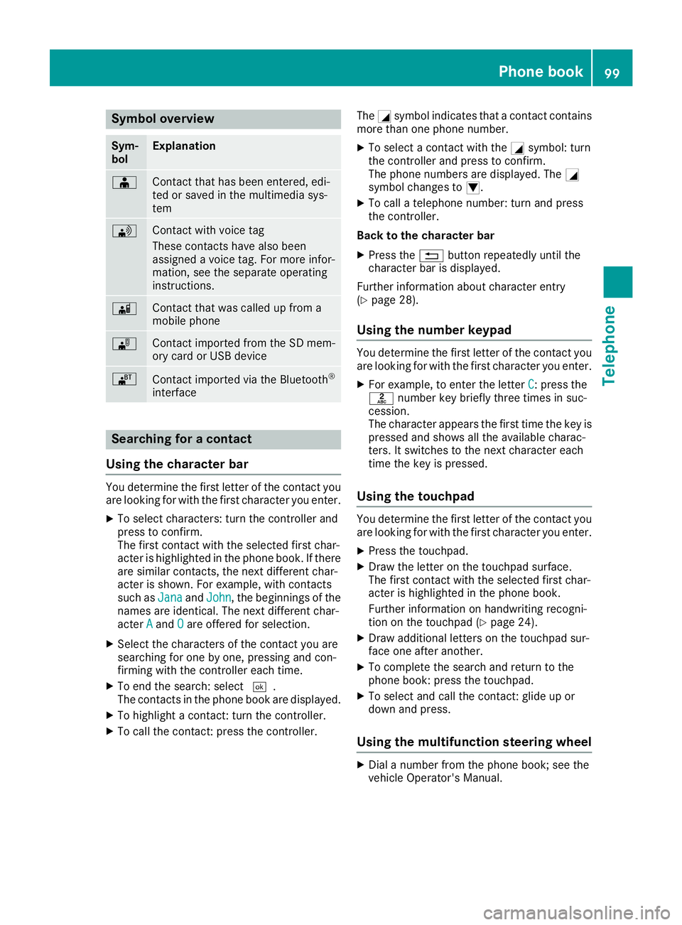 MERCEDES-BENZ GLA SUV 2018  COMAND Manual Symbol overview
Sym-
bolExplanation
ÆContact that has been entered, edi-
ted or saved in the multimedia sys-
tem
\Contact with voice tag
These contacts have also been
assigned a voice tag. For more i