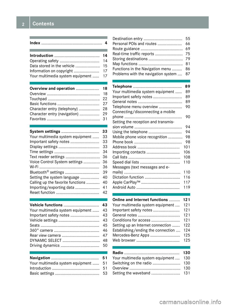 MERCEDES-BENZ GLA SUV 2018 COMAND Manual Index....................................................... 4
Introduction......................................... 14
Operating safety .................................... 14
Data stored in the vehi MERCEDES-BENZ GLA SUV 2018 COMAND Manual Index....................................................... 4
Introduction......................................... 14
Operating safety .................................... 14
Data stored in the vehi