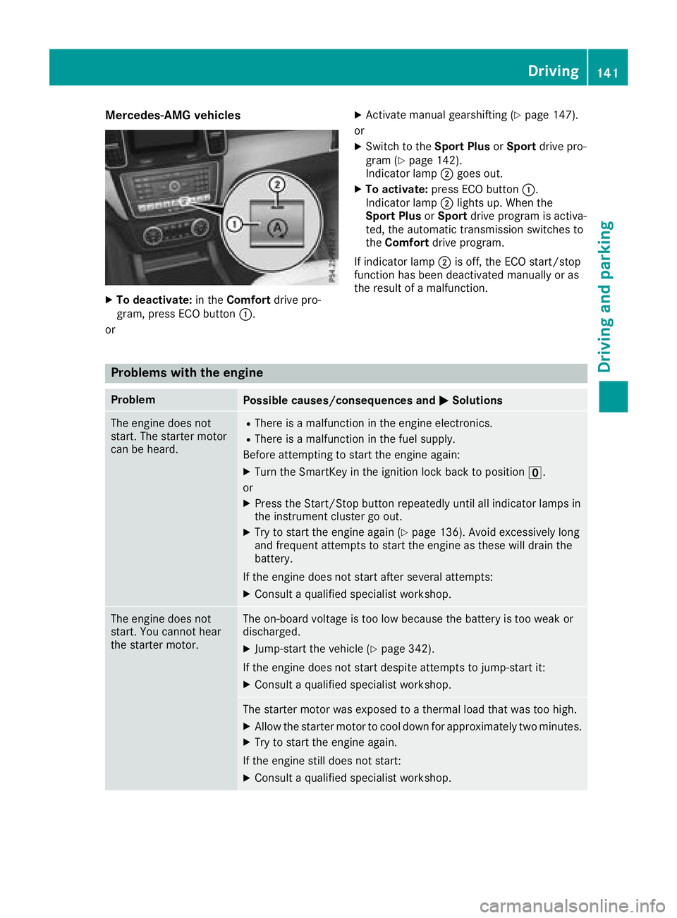 MERCEDES-BENZ GLE SUV 2018 Owners Manual Mercedes-AMG vehicles
XTo deactivate:in theComfort drive pro-
gram, press ECO button :.
or
XActivate manual gearshifting (Ypage 147).
or
XSwitch to the Sport PlusorSport drive pro-
gram (Ypage 142).
I MERCEDES-BENZ GLE SUV 2018 Owners Manual Mercedes-AMG vehicles
XTo deactivate:in theComfort drive pro-
gram, press ECO button :.
or
XActivate manual gearshifting (Ypage 147).
or
XSwitch to the Sport PlusorSport drive pro-
gram (Ypage 142).
I