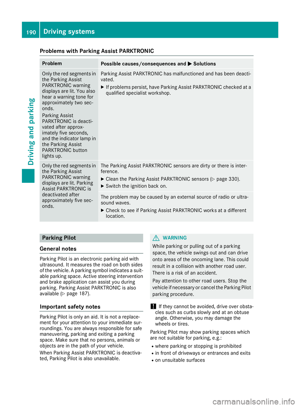 MERCEDES-BENZ GLE SUV 2018 Owners Manual Problems with Parking Assist PARKTRONIC
ProblemPossible causes/consequences andMSolutions
Only the red segments in
the Parking Assist
PARKTRONIC warning
displays are lit. You also
hear a warning tone MERCEDES-BENZ GLE SUV 2018 Owners Manual Problems with Parking Assist PARKTRONIC
ProblemPossible causes/consequences andMSolutions
Only the red segments in
the Parking Assist
PARKTRONIC warning
displays are lit. You also
hear a warning tone